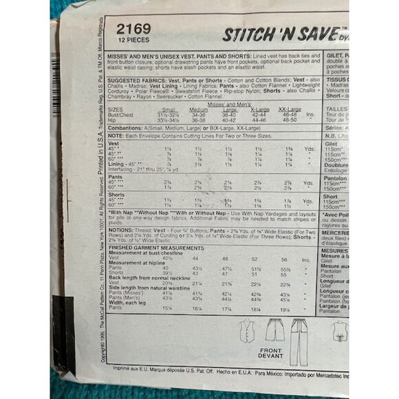 McCalls sewing pattern 2169 vest pants shorts - Picture 4 of 5